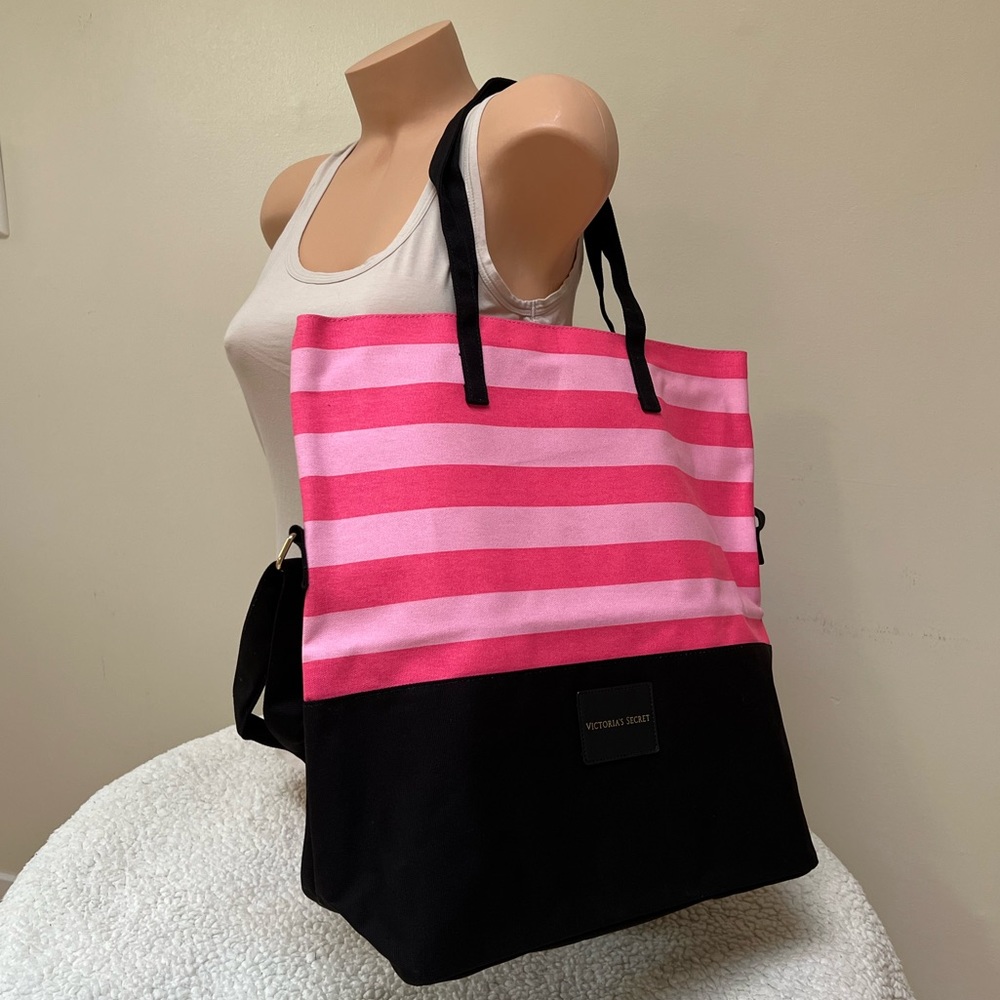 Victoria’s Secret Canvas Black Pink Striped Multi Handle Tote Bag